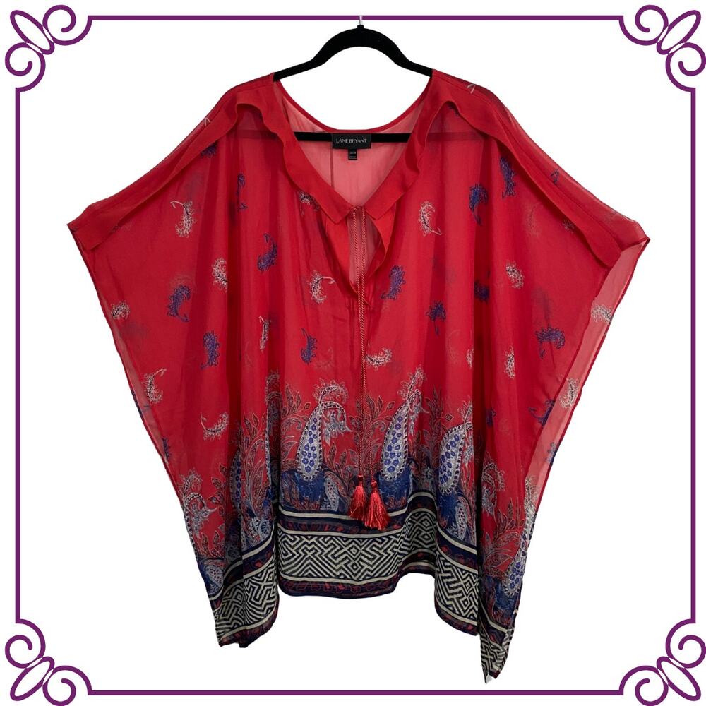 Lane Bryant Red Sheer Floral Paisley Blouse Swim Cover Up 22 / 24